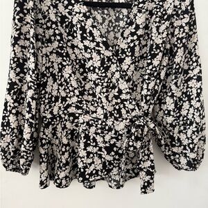 Black and White Wrap Blouse with 3/4 Sleeves